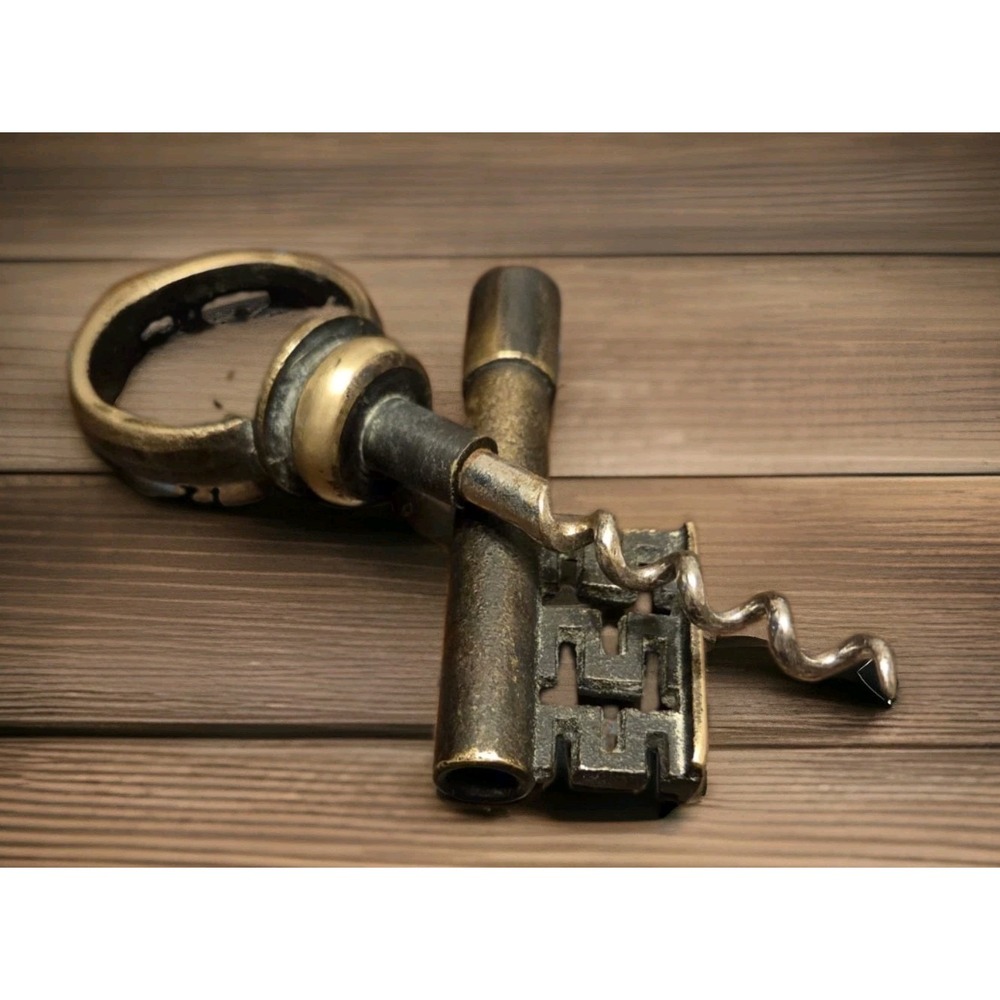 Vintage Brass Key Shaped Wine Key & Bottle Opener Brown Tarnish Finish 5.5"